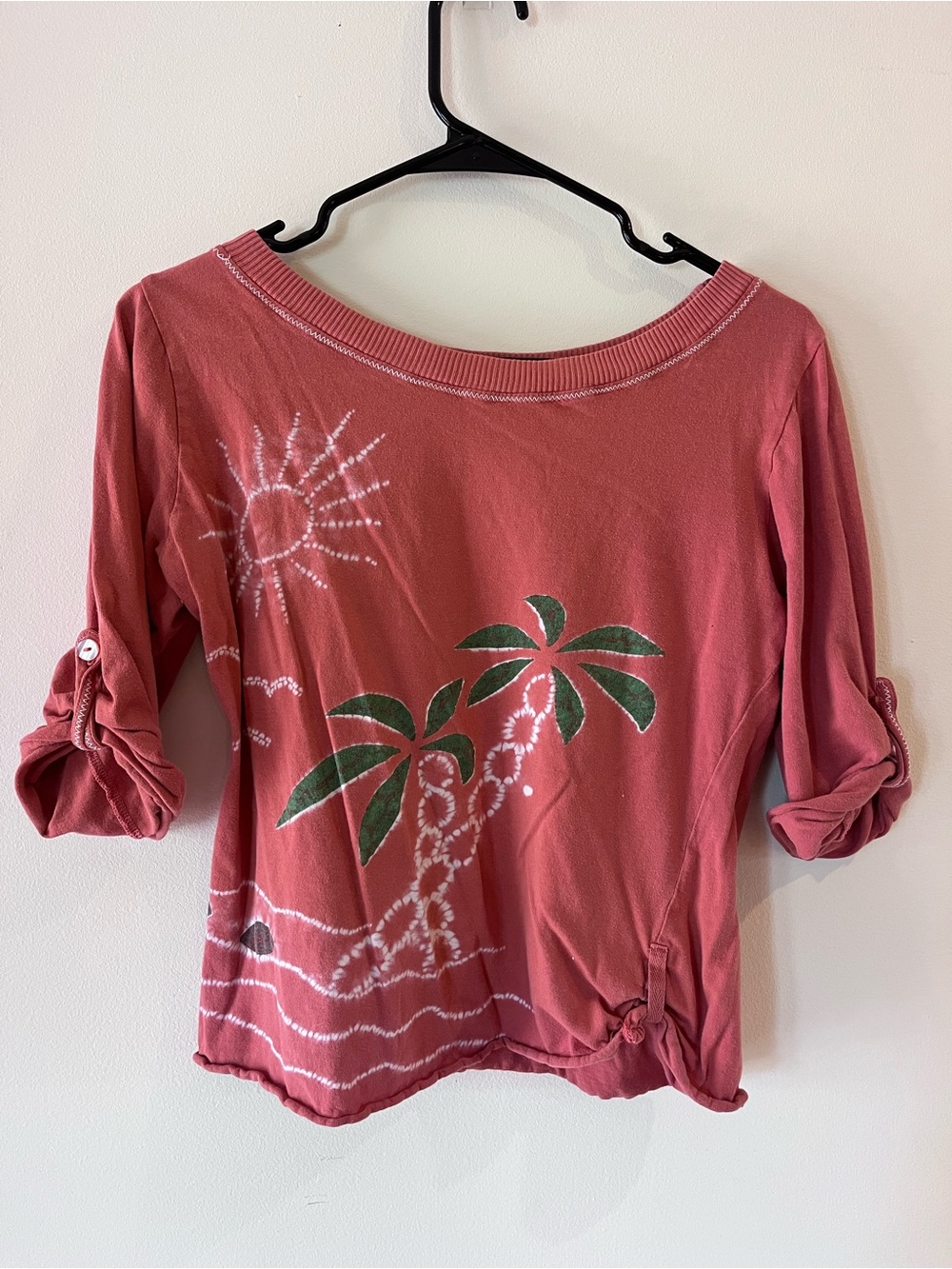 Mimi & Maggie Coral Palm-Print Roll-Tab Boatneck Top